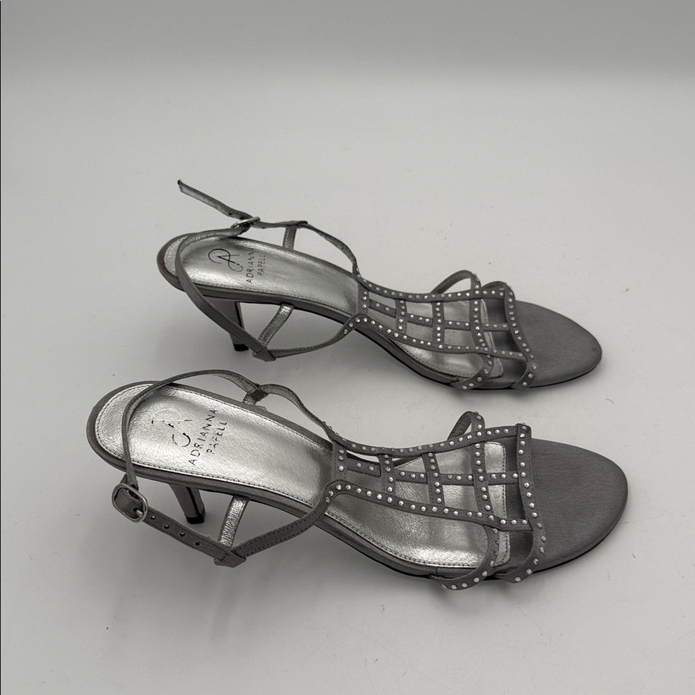 Adrianna Papell Silver Strappy Heels women M leather sock lining event party Y2K